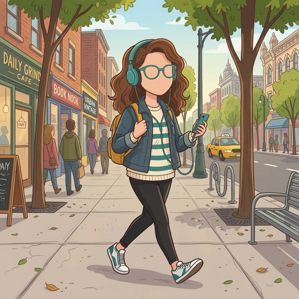 Young woman walking on city sidewalk with headphones and phone